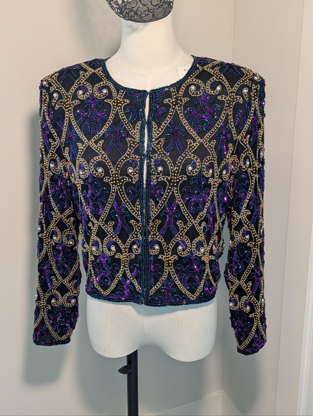 Vintage Silk Laurence Kazar Beaded Jacket  1980s Shoulder Pad Silhouette Size PS